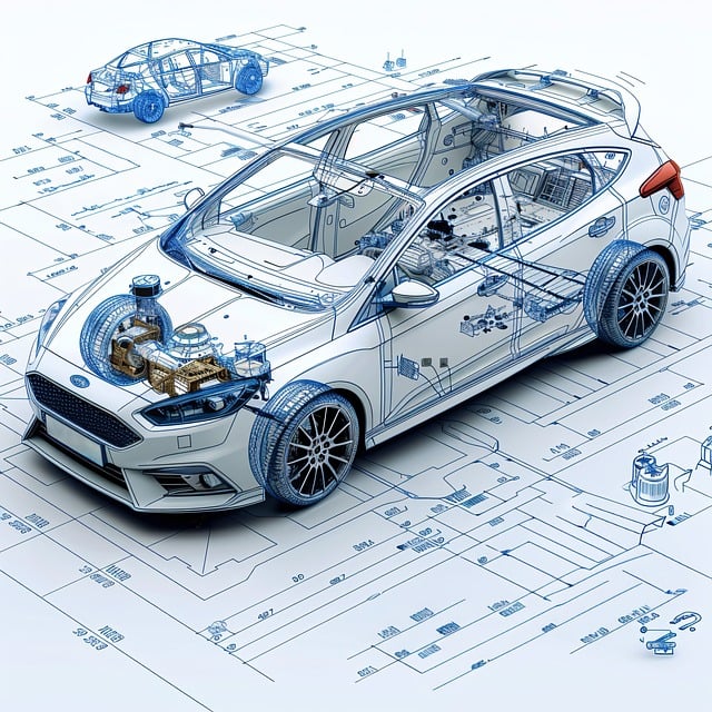 A picture of a CAD representation of a 5 door Ford focus, the body in white data is presented and also the CAD data for the drive train. The CAD model sits on a floor that is the 2d wiring diagram.